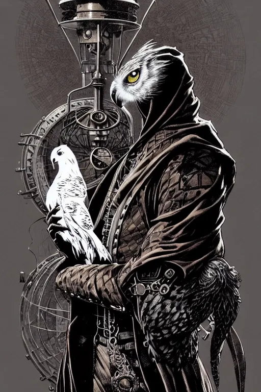 Image similar to side view of majestic steampunk alchemists cloaked wizard holding his pet owl, high details, bold line art, by vincent di fate and joe fenton, inking, etching, screen print, masterpiece, trending on artstation, sharp, high contrast, hyper - detailed,, hd, 4 k, 8 k