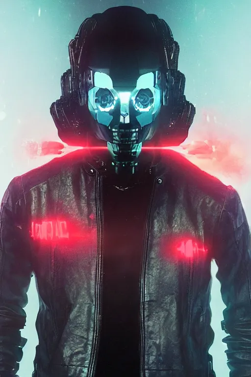 Image similar to head and shoulders render of man black leather jacket mid distance cyberpunk face ((single_glowing_red_eye red_emissives!)) android face mecha, inhuman creepy intimidating, exposed cable bundles black thick Tom Bagshaw and Greg Rutkowski and Alphonse Mucha Bladerunner 2049 screenshot artstation UE5 2066 trending 165mm