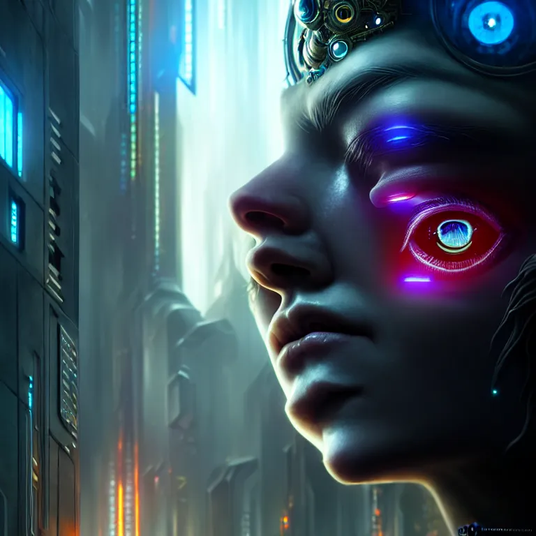 Prompt: ultra realistic beautiful cyborg deity eyes closed, scifi, cyberpunk, fantasy, intricate details, movie still, highly detailed, photorealistic, octane render, eerie, 8k, art by artgerm and michael welan and greg rutkowski