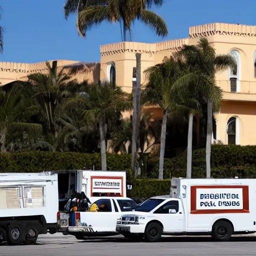 Image similar to mar-a-lago, FBI agents carrying boxes of evidence, police tape, high detail