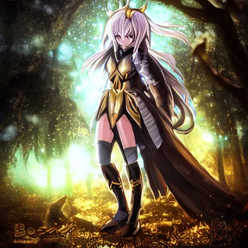 Prompt: portrait focus of beautiful darkness knight 3D anime girl, golden armor wearing, dark forest background, snowing, bokeh, inspired by Masami Kurumada, digital painting, high contrast, unreal engine render, volumetric lighting, high détail