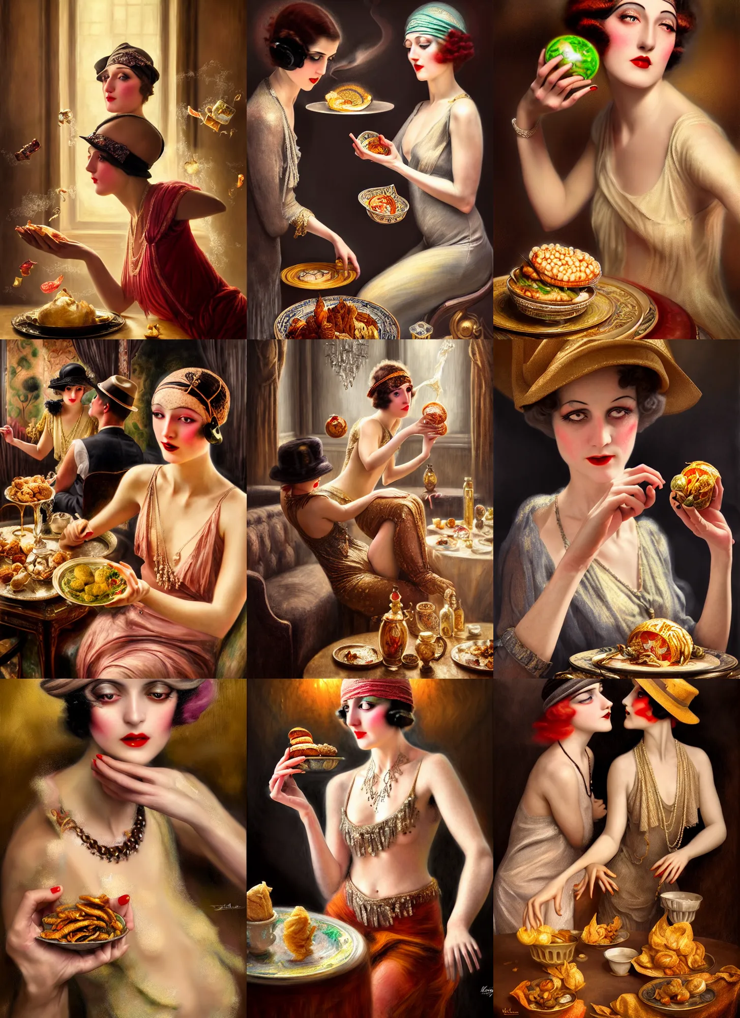 Prompt: Ultra realistic 1920s Neo Rococo Expressionist, Ultra realistic 1920s orientalism, diffuse lighting, fantasy, intricate, elegant, highly detailed, lifelike, photorealistic, digital painting, artstation, illustration, concept art, smooth, sharp focus, Ultra realistic women are throwing food around and making a mess in public, art by John Collier and Albert Aublet and Krenz Cushart and Artem Demura and Alphonse Mucha