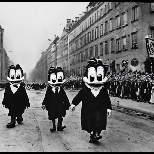 Prompt: historic black and white photograph of adolf hitler and colorful donald duck at a nazi parade in 1 9 3 6