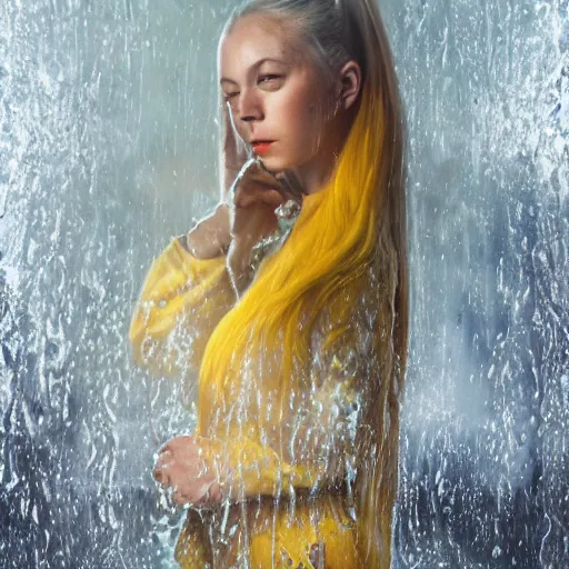 Prompt: a beautiful girl with long blue hair in a ponytail, with bangs, pale skin, yellow eyes, fully clothed in red robes, highly detailed, 8 k, octane render, professional portrait, realistic oil painting, rainy window, volumetric lighting, water droplets frozen in time, sprites, god rays,