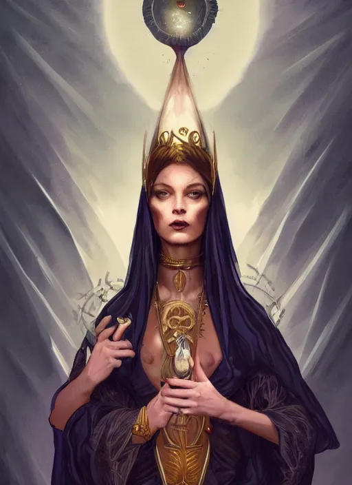 Image similar to tarot!!, high priestess, no noise, elegant, concept art, sharp focus, beautiful face!!, digital art, smooth defined outlines!!, human anatomy, human structure, vector background, dark fantasy, by Brom, trending on Artstation, Tom Bagshaw, Sargent