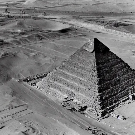 Image similar to an aerial photograph of the great pyramid of giza at the early stages of construction with heavy scaffolding in place, the top of the pyramid has not been built and is not visible, dslr