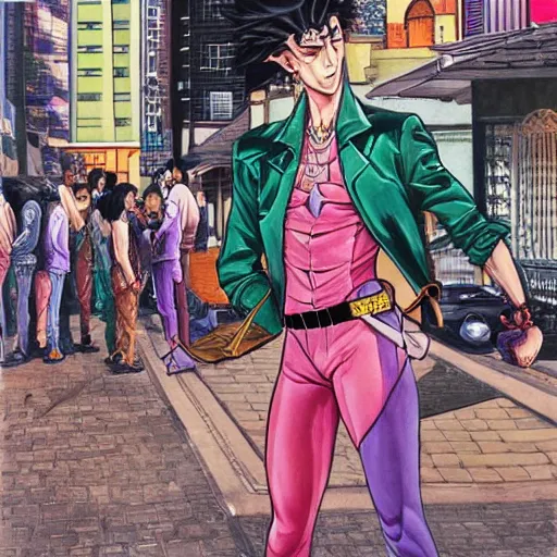 Image similar to a beautiful painting of a man with superpowers posing for a picture on a city street by hirohiko araki, detailed line art, jojos bizarre adventure