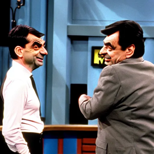 Image similar to mr. bean on the jerry springer show fighting with another guest. 3 5 mm film, movie still, tv show, talkshow