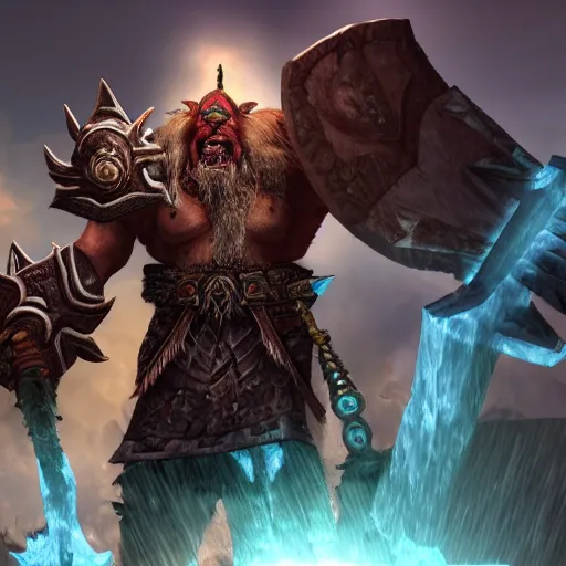 Image similar to epic world of warcraft orc warrior chief thrall standing in front of a gigantic throne made of dark ice with a dark sky above made of a dark hurricane spiral, extremely detailed, wow, cinematic