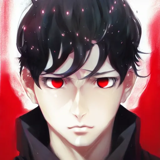 Image similar to anime portrait of a slick black hair guy with red eyes by stanley artgerm lau, wlop, rossdraws, james jean, andrei riabovitchev, marc simonetti, and sakimichan, trending on artstation