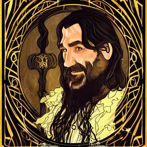 Image similar to art nouveau portrait of clive owen as a dwarven barbarian with full luscious groomed beard, long flowing dark hair, a cheeky smile, gold filigree, mucha