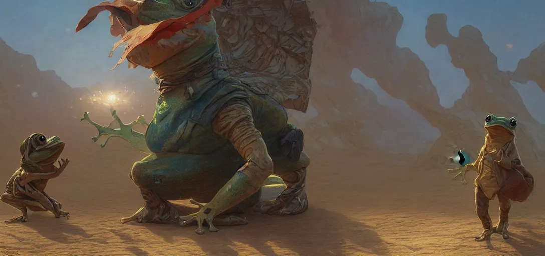 Prompt: a frog in a sweater dancing in the desert storm by Stanley Artgerm Lau, greg rutkowski, thomas kindkade, alphonse mucha, loish, norman Rockwel