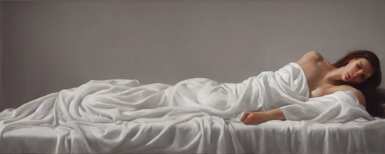 Prompt: hyperrealism, woman in white sheets, soft light, in style of classicism