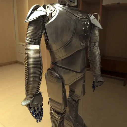 Image similar to robotic armor in a wardrobe, photorealistic, 8K, 3D, !!award-winning!!