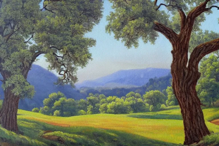 Image similar to masterpiece painting of oak trees on a hillside overlooking a creek, by harold elliott