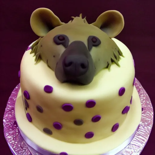 Prompt: a birthday cake with a hyena sitting on top