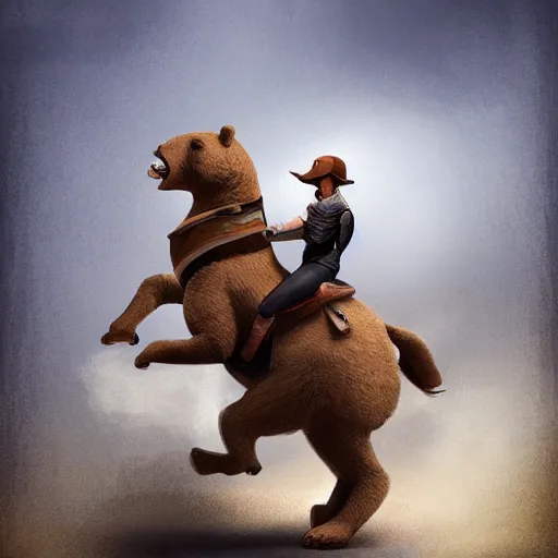 Image similar to equestrian riding a giant bear in the par, trending on artstation k