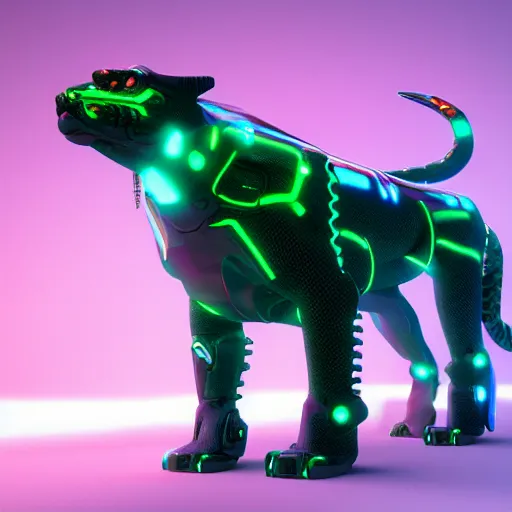 Image similar to a neon cyberpunk cyborg jaguar animal, octane render