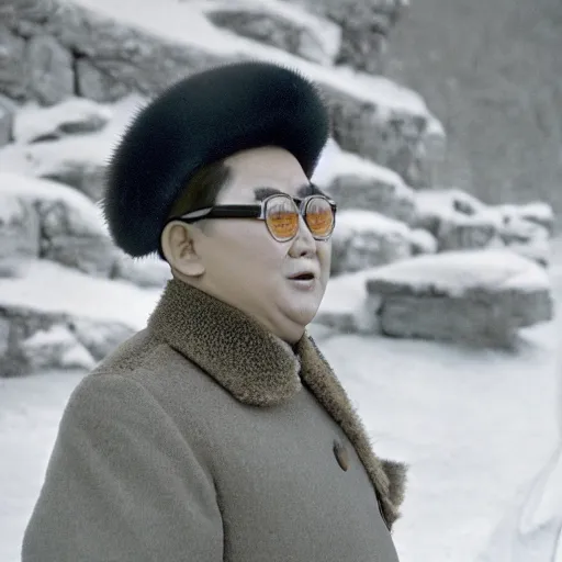 Prompt: filmstill of Kim Jong-il wearing a furry chapka and playing the role of Omar Sharif in Doctor Zhivago by David Lean, 1965, cinemascope, Eastman Color Negative 50T 5251 Neg. Film, epic romance