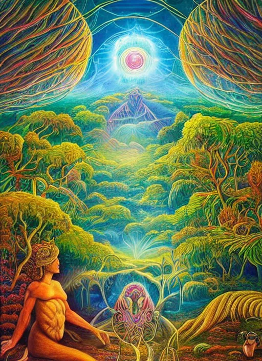 Prompt: a landscape painting of the upper spiritual worlds, surrealist, dmt, dmt, 5 meodmt, blissful landscape, love, high defined jungle, mother ayahuasca, ecstasy, bliss, sanctuary, sacred, vladimir kush art style, alex grey art style.