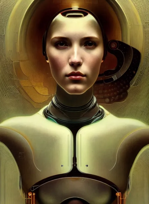 Prompt: portrait of a beautiful female android, coy, circuitry visible in head, in the style of ex machina, karol bak, alphonse mucha, greg rutkowski, award winning, hr giger, artstation, 8 k