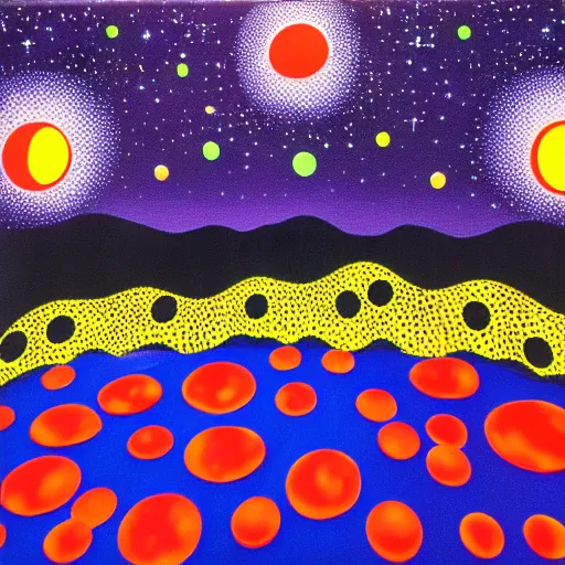 Prompt: moonlit picnic by yayoi kusama