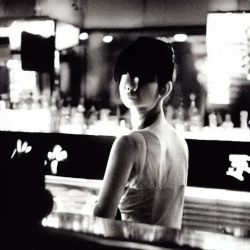 Image similar to a girl leaning against the counter in a night club staring at the camera, photograph by Wong Kar-wai and Quentin Tarantino