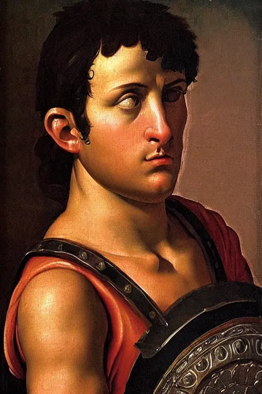 Prompt: renaissance painting of roman soldier, short black hair, pleading face, tears dripping from the eyes, emotions closeup, dressed in roman armour, ultra detailed, art by Guido Reni style, Vincenzo Catena style