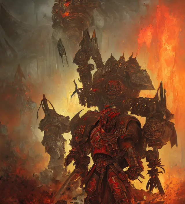 Image similar to battle scene portrait of armored heroes warhammer 4 0 k fight war fighting nurgle warrior, cesede, the chaos god of plague and decay, red chaos knight with cathedrals and columns, pestilence, champion, emperor, abbeys, elegant concept art by ruan jia