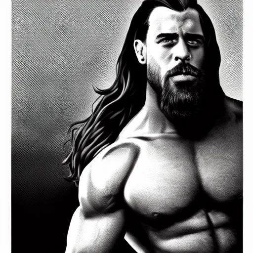Prompt: lgbt art, tom of finland style, long hair, big muscles, strong, attractive, art in 4 k, high quality