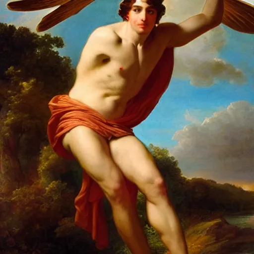 Image similar to Portrait of the Sun God Apollo, large wings, luxuriant, dreamy, eternity, romantic, strong pose, highly detailed, in the style of Franz Xaver Winterhalter, highly detailed, in the style of Aetherpunk