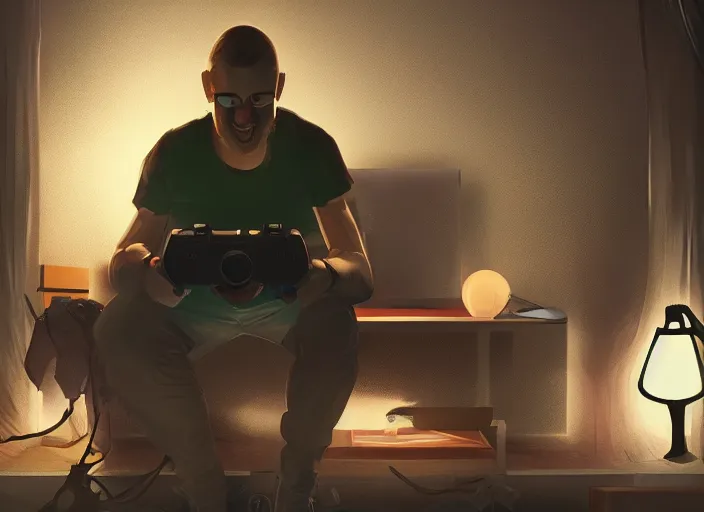 Image similar to video gamecore, gamecore, gamercore portrait of a man playin playstation on his home at night, cinematic perspective, trending in artstation, behance, deviantart