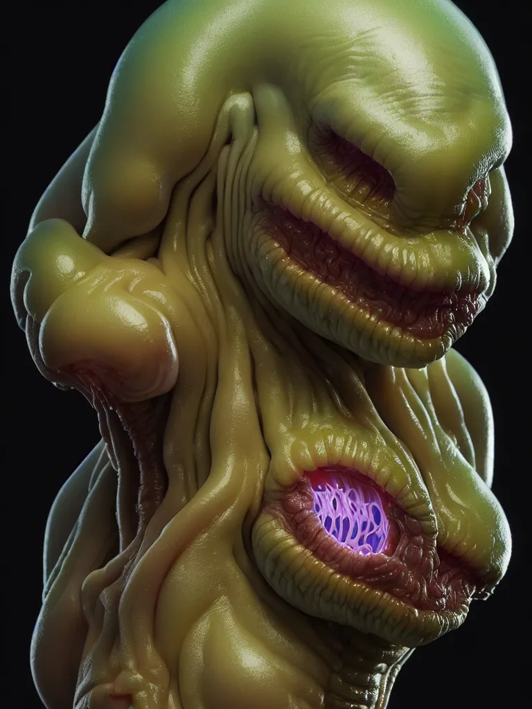 Prompt: hyperrealistic rendering, fat smooth cronenberg flesh monster transparent grey alien by donato giancola and greg rutkowski and wayne barlow and zdzisław beksinski, product photography, action figure, sofubi, studio lighting, colored gels, colored background