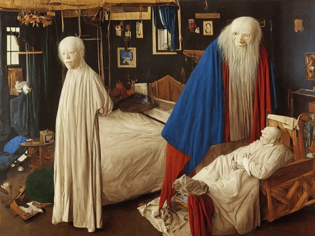 Image similar to Portrait of albino mystic with blue eyes, standing near the bed of a very old man with leprosy. Painting by Jan van Eyck, Audubon, Rene Magritte, Agnes Pelton, Max Ernst, Walton Ford