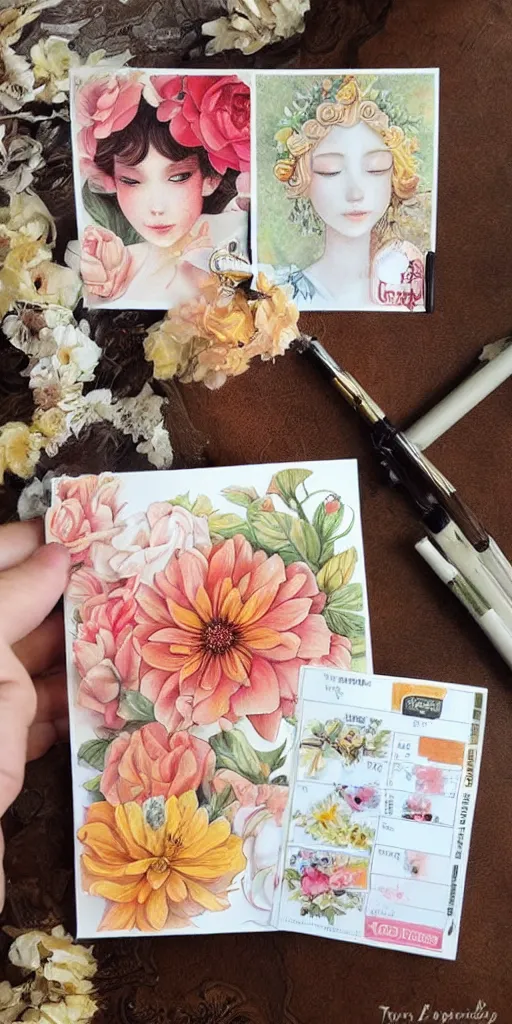 Prompt: beautiful flower, by tran nguyen, warm colors, cozy, etsy stickers, white border, sticker sheet, planner stickers