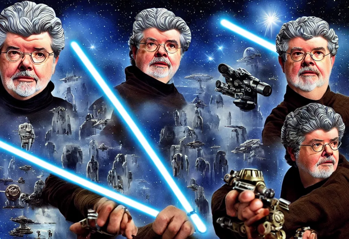 Prompt: “George Lucas stars in his new space opera movie Swiss Cottage, which many claim to be a poor quality knockoff of a Star Wars. HQ movie still. Be creative! I’m counting on you to impress me, Stable Diffusion, don’t let me down with some shonky looking AI bullshit”