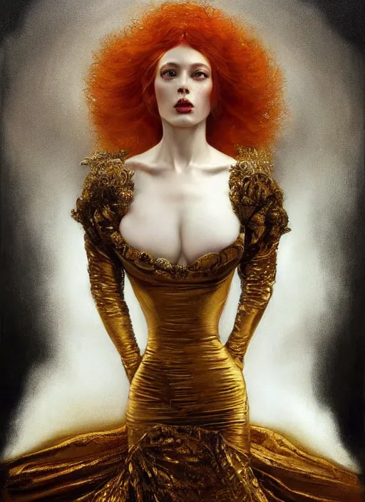 Prompt: highly detailed oil painting | very intricate | cinematic lighting | black, white and gold color scheme, dark background | the redhead princess of fire dressed by alexander mcqueen | by roberto ferri, by tom bagshaw, by singer sargent and klimt, american romanticism, occult art | by austin osman spare, artstation, cgsociety, official art, octane