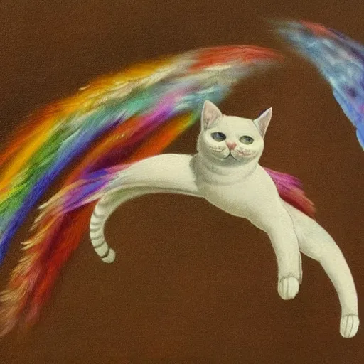 Prompt: a highly detailed painting of a cat with wings leaving a trail of rainbows behind in michelangelo style of painting