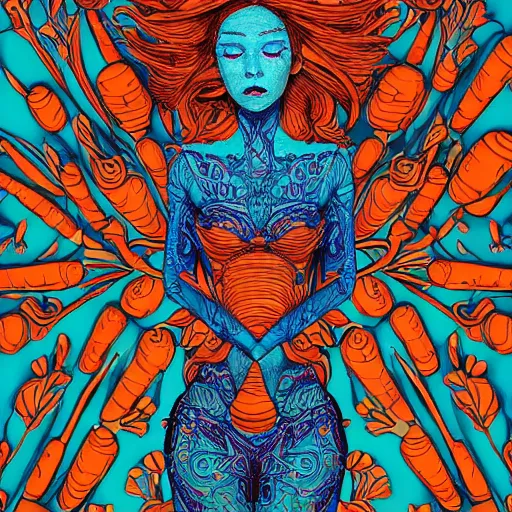 Prompt: a beautiful woman made up of carrots and blueberries, an ultrafine detailed illustration by james jean, intricate linework, bright colors, final fantasy, behance contest winner, vanitas, angular, altermodern, unreal engine 5 highly rendered, global illumination, radiant light, detailed and intricate environment