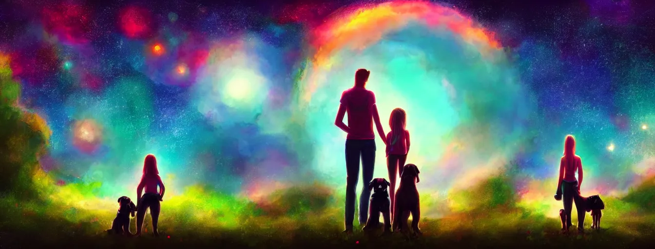 Image similar to rear view of a young couple and a kid holding hands, with a dog sitting next to them in a small green planet looking to the night sky displaying an entire colorful universe, digital art, epic, colorful, highly detailed, by ross tran, artstation