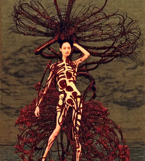 Image similar to still frame from Prometheus harvest goddess cyborg in crimson filament mycelium dressed by Neri Oxman and alexander mcqueen metal couture haute couture editorial by utagawa kuniyoshi by giger