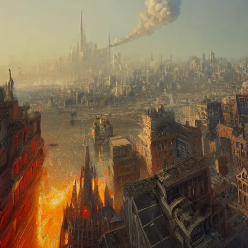 Prompt: Hyper detailed painting of a fantasy city, the city is on fire, smoke rising from the buildings to the skies, pyres on the streets, view from above, by Greg Rutkowski, trending on artstation