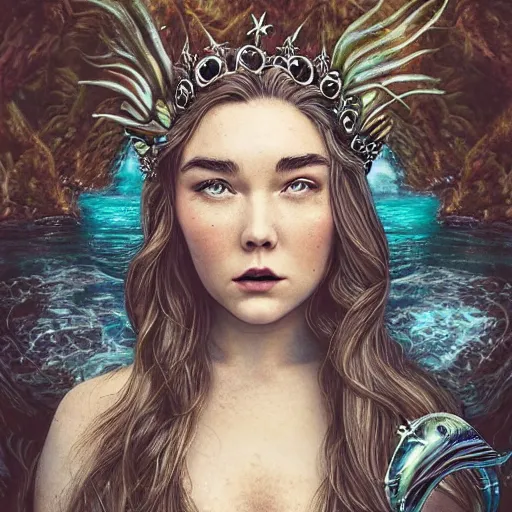 Image similar to “ florence pugh portrait, fantasy, mermaid, hyperrealistic, game character, underwater,, highly detailed, cinematic lighting, pearls, glowing hair, shells, gills, crown, water, highlights, starfish, goddess, jewelry, realistic, digital art, pastel, magic, fiction, ocean, queen, colorful hair, sparkly eyes, fish, heroic, waves, bubbles ”