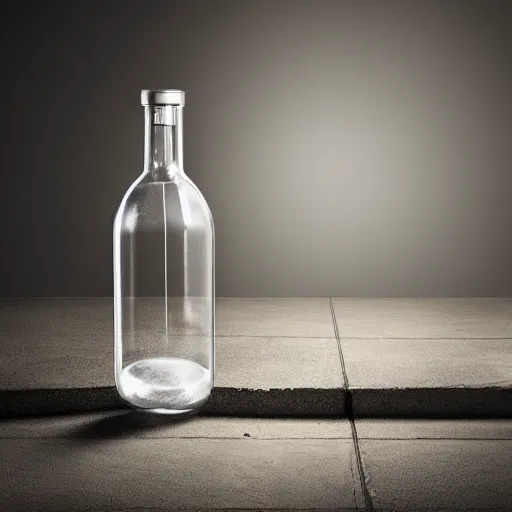 Prompt: an advertisement photo of a translucent glass vodka bottle of a propane cylinder on a concrete slab, dramatic studio lighting, 1 0 0 mm, wide angle lens, ƒ / 8, behance, sharp focus, bokeh, hd, 8 k