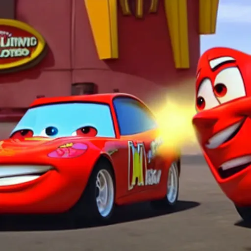 Image similar to Still image from a Disney movie of Lightning Mcqueen working at McDonalds