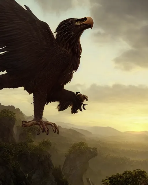 Image similar to human / eagle / lion / ox hybrid with two horns, one beak, mane and human body. beautiful dynamic lighting, cinematic, wide angle establishing shot, extremely high detail, photo realistic, cinematic lighting, post processed, concept art, artstation, matte painting, style by frederic church, raphael lacoste, unreal engine 8 k