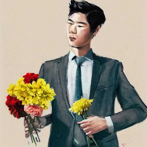 Prompt: guy holding flowers, looking nostalgic, in love, in a dapper suit, artwork by Cheng, Hsiao-Ron