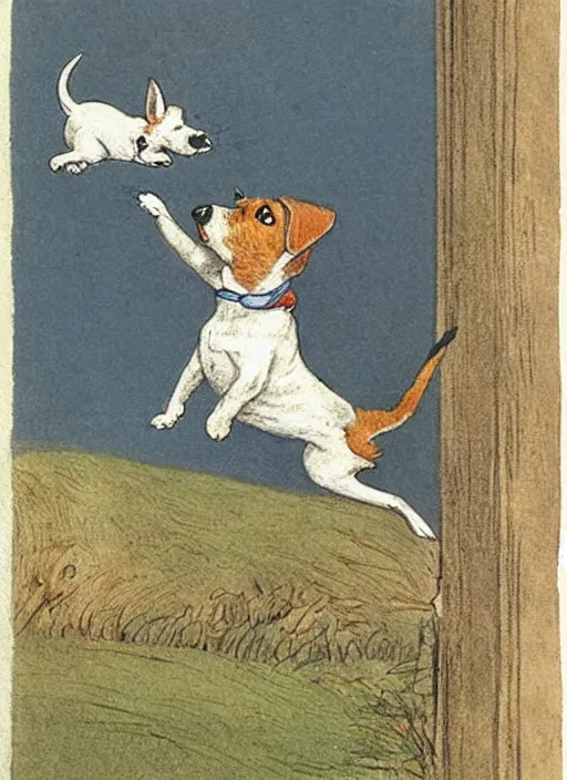Image similar to jack russel terrier jumping over and over, illustrated by peggy fortnum and beatrix potter and sir john tenniel