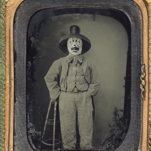Prompt: tintype photo of a clown standing at the entrance to a cave