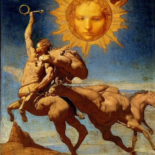 Image similar to Tragic Portrait of Phaethon the Demigod losing control of the chariot chariot that is the sun careening through the zodiac filled stratosphere Ilya Repin Michelangelo Buonarotti Leonardo Da Vinci masterpiece fresco quadratura Trompe-lœil